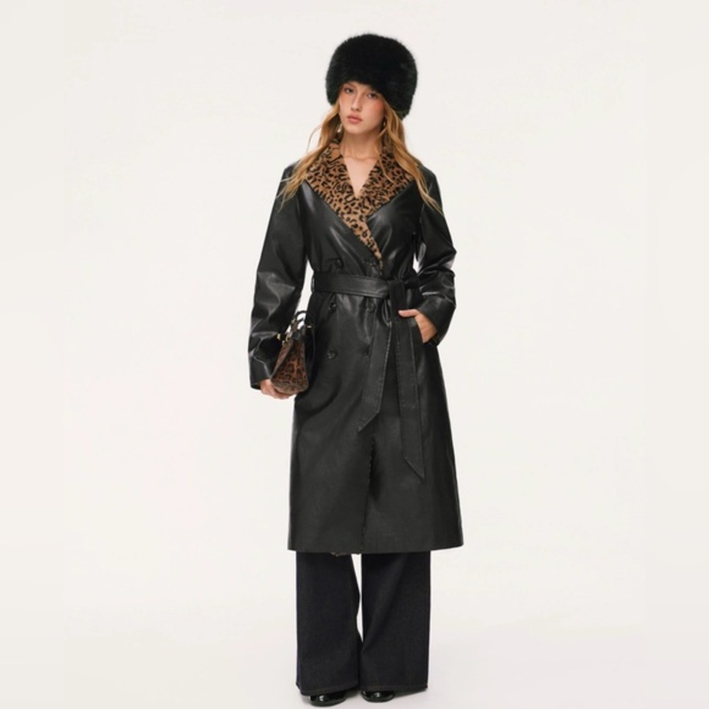 Cider FAUX LEATHER LEOPARD FAUX FUR TRIM DOUBLE BREASTED CHIC TRENCH COAT CR-1-4